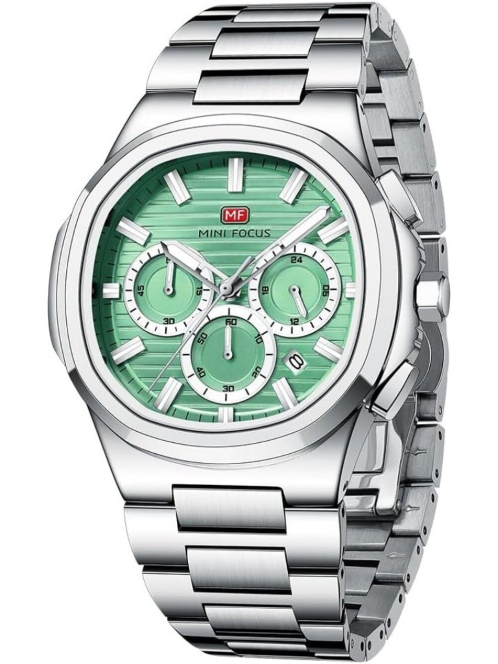 Men's Green Stainless Steel Band Big Face Chronograph Waterproof Luminous Watch